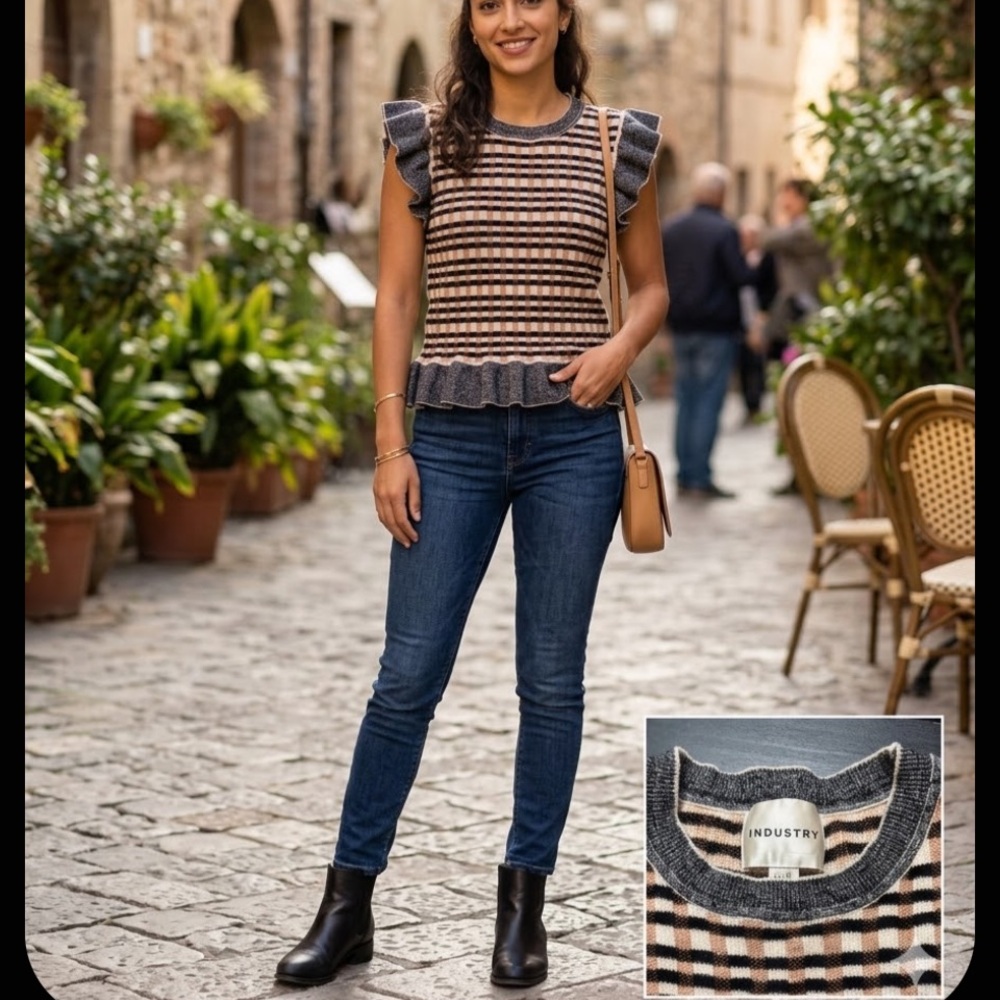 Ruffled Sleeve Knit Tank Top in Beige & Gray - Picture 2 of 11